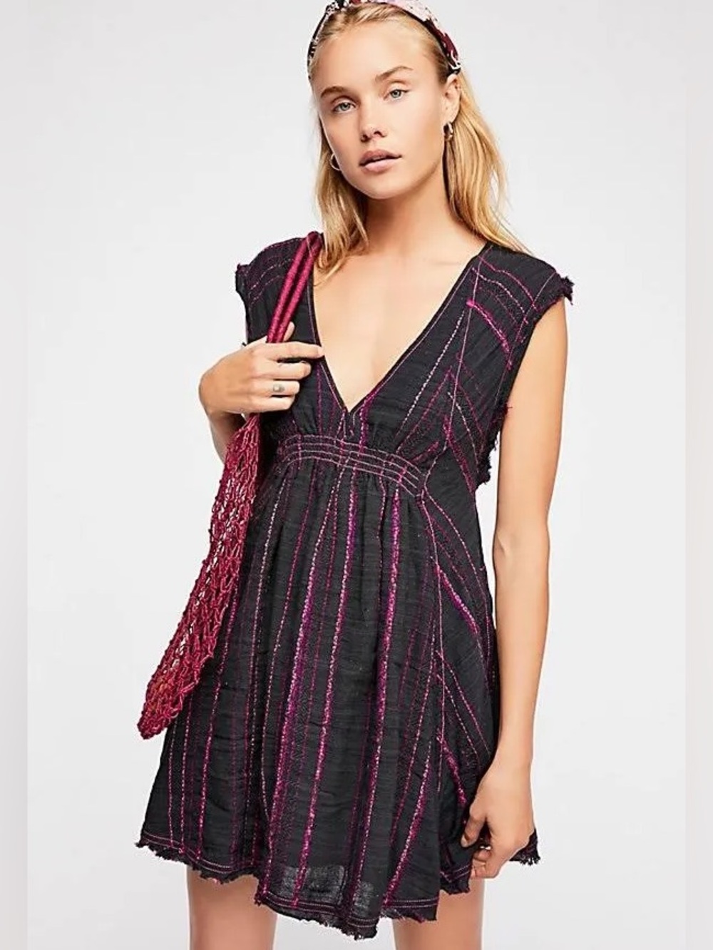 Free People Cactus Flower Mini Dress XS Black Magenta Boho Indie Sleaze